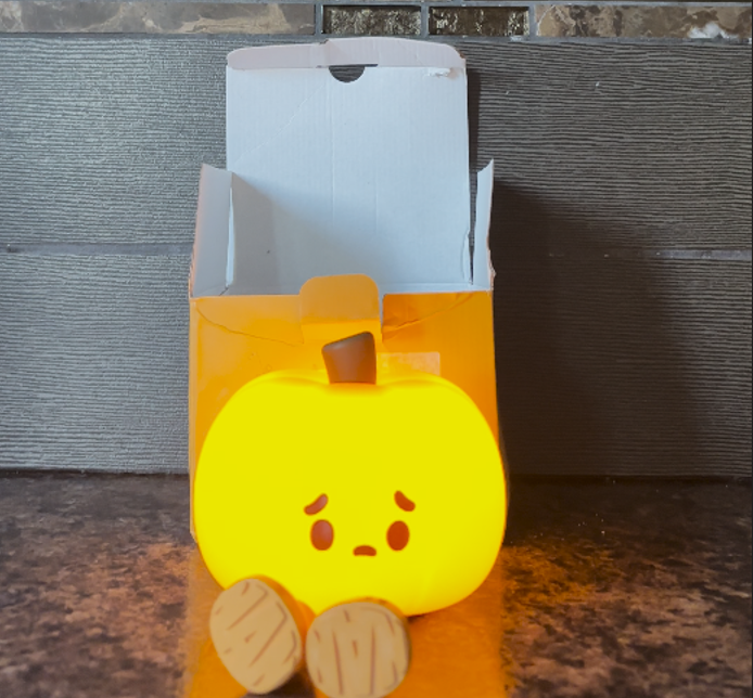 pumpkin night light sitting on counter with box